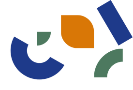 Die drei Grundformen des UGE-Logos: U in Blau, Blatt in Orange, E in Grün