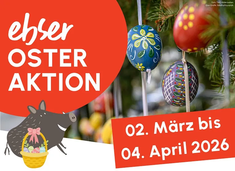 Plakat der Ebser Osteraktion 2026 mit bemalten Ostereiern